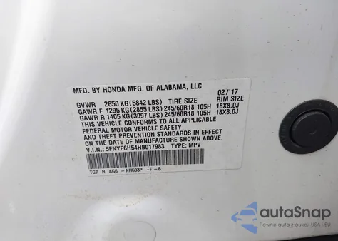 2017 Honda Pilot Ex-L from USA, damaged, VIN 5FNYF6H54HB017983